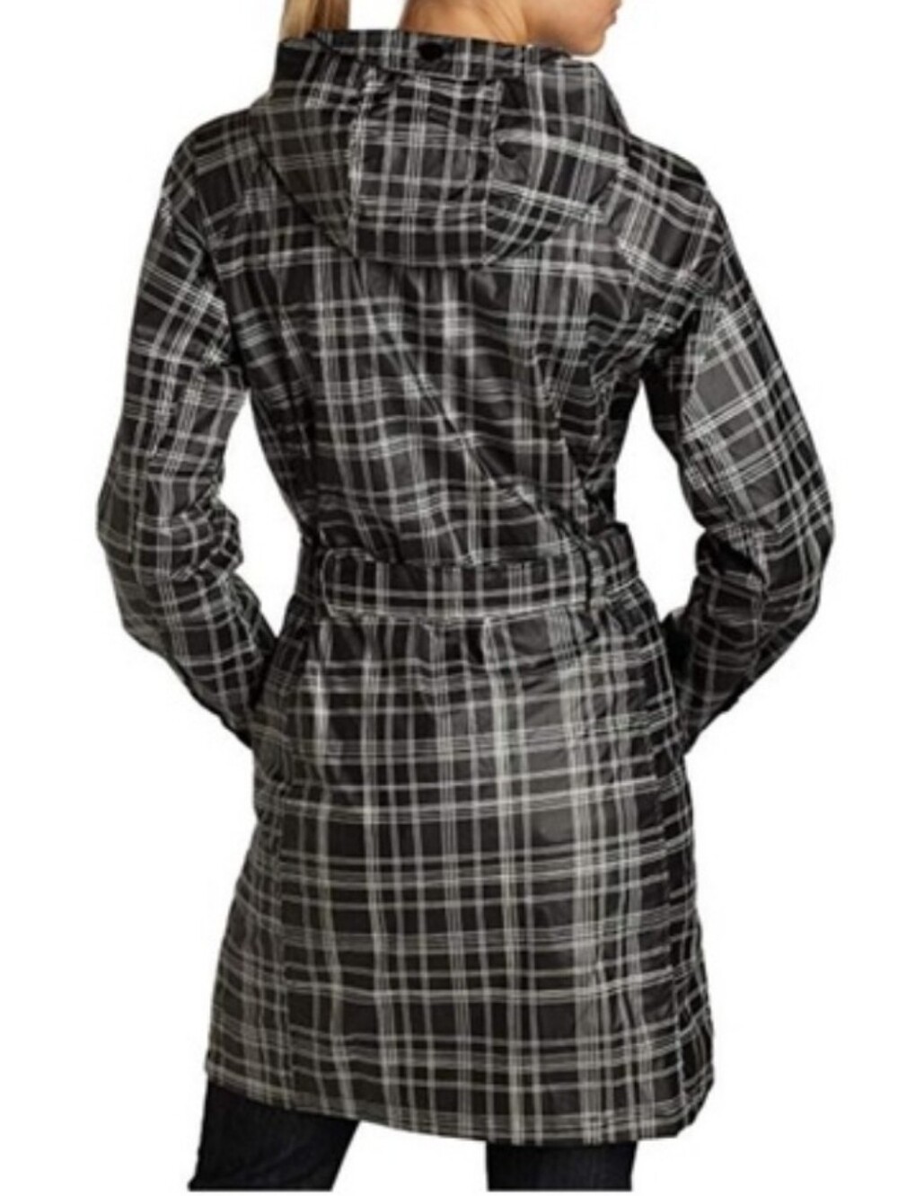 Columbia Black & White Belted Plaid Rain Jacket W/ Snap Front Womens Size Medium